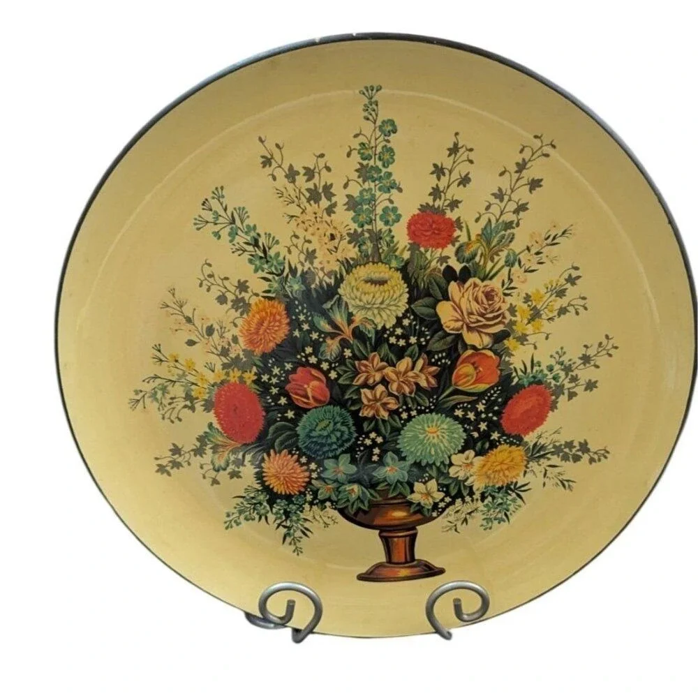 Vintage 13in Round Japanese Floral Papier-Mache lacquer Serving‎ Tray Yellow MCM